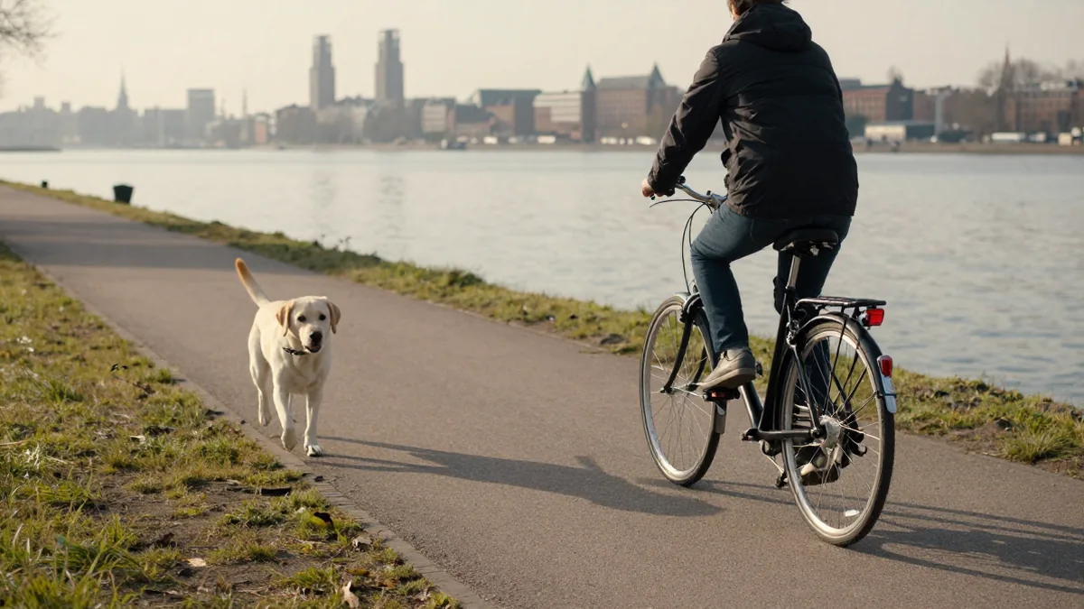 Radweg am Alsterufer in Hamburg mit Hund auf der Wiese
